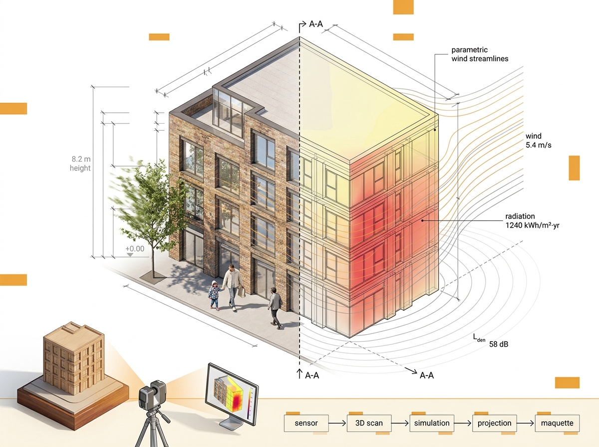 Architectural board: building model with sensor + projection pipeline
