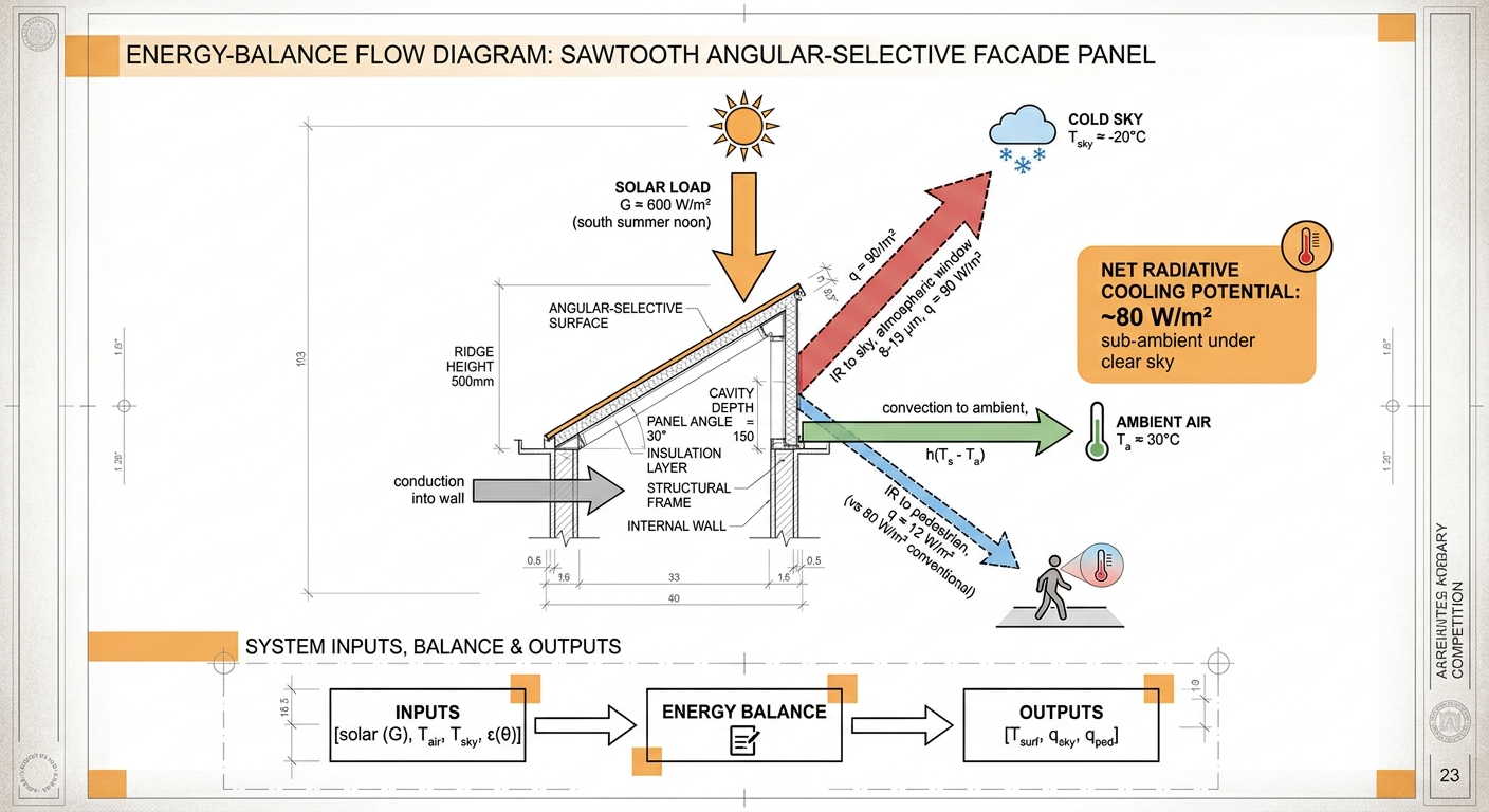 Energy-balance flow diagram of a sawtooth radiative cooling panel