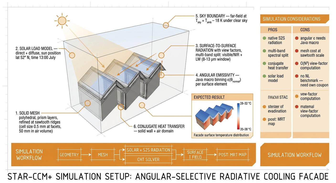 STAR-CCM+ simulation setup diagram with mesh, solar load, S2S radiation, sky boundary