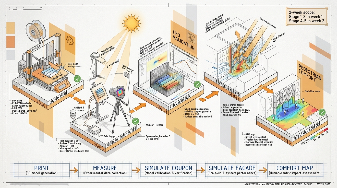 Five-stage validation pipeline: coupon print, outdoor thermal test, CFD coupon, CFD facade, comfort map